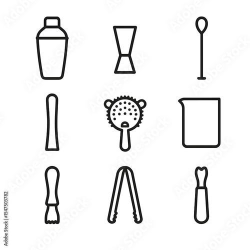 Bartending Tools Icons. Outline icon set of bartending tools: cocktail shaker, jigger, bar spoon, muddler, Hawthorne strainer,