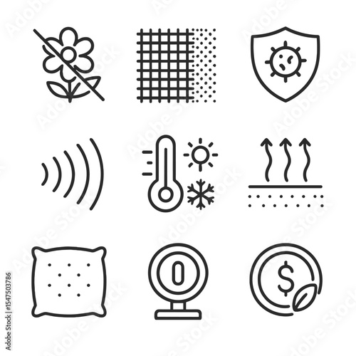 Comfort and Health Icons. Outline icon set of comfort and health benefits: allergy reduction symbol, dust barrier mesh, mold