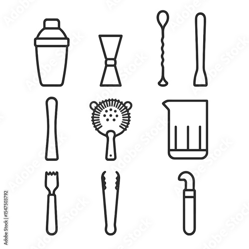 Bartending Tools Icons. Outline icon set of bartending tools: cocktail shaker, jigger, bar spoon, muddler, Hawthorne strainer,