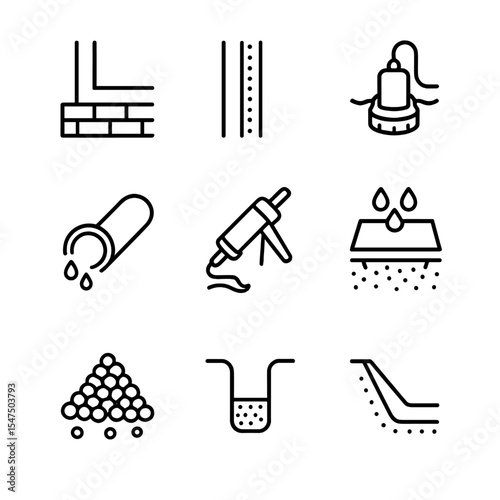 Basement Waterproofing Icons. Outline icon set of basement waterproofing: foundation, waterproof membrane, sump pump, drainage,