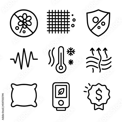 Comfort and Health Icons. Outline icon set of comfort and health benefits: allergy reduction symbol, dust barrier mesh, mold