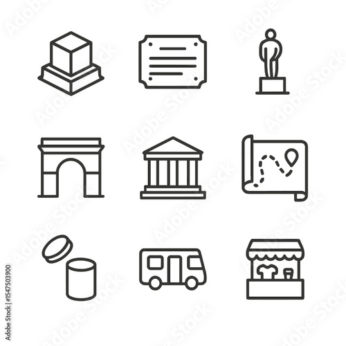 Centennial Monuments Icons. Outline icon set of centennial monuments: cornerstone, commemorative plaque, statue silhouette,