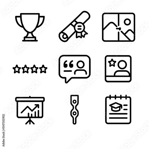 Case Study Icon Set. Outline icon set of case studies success stories: trophy cup, certificate scroll, customer quote bubble,