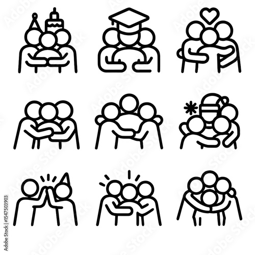 Celebration Hugs Icons. Outline icon set of celebration hugs: birthday group hug, graduation cap embrace, wedding party cuddle,