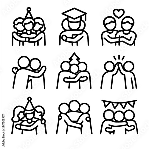 Celebration Hugs Icons. Outline icon set of celebration hugs: birthday group hug, graduation cap embrace, wedding party cuddle,