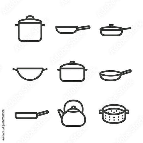 Cookware Icon Set. Outline icon set of cookware silhouette set: stockpot outline, skillet outline, sauté pan outline, wok outline,