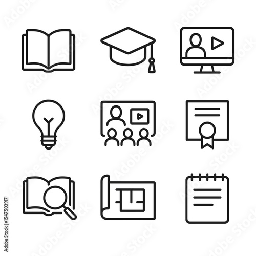 Continuous Learning Icons. Outline icon set of continuous learning: open book, graduation cap, online course, lightbulb idea,
