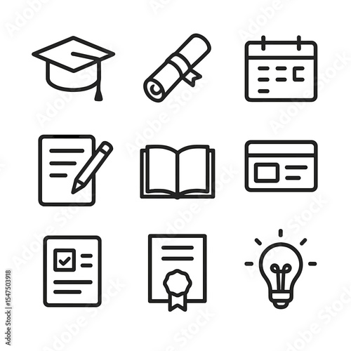 Academic Icon Set. Outline icon set of academic commitments: graduation cap, diploma scroll, study schedule, pencil and paper,