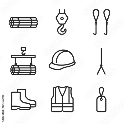 Construction Icon Set. Outline icon set of rebar bundle hoisting: rebar bundle, crane hook, wire ties, lifting beam, guide ropes,