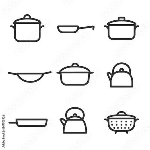 Cookware Icon Set. Outline icon set of cookware silhouette set: stockpot outline, skillet outline, sauté pan outline, wok outline,