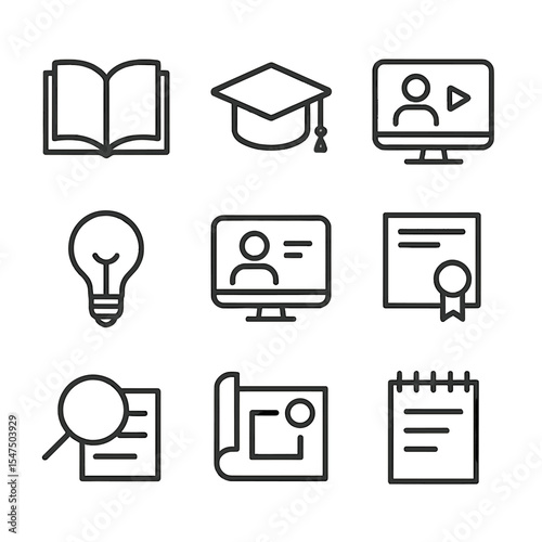 Continuous Learning Icons. Outline icon set of continuous learning: open book, graduation cap, online course, lightbulb idea,