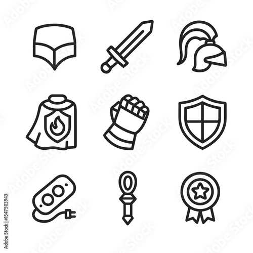 Cosplay Icon Set. Outline icon set of cosplay character traits: armor plate, foam sword, helmet crest, cloak emblem, gauntlet