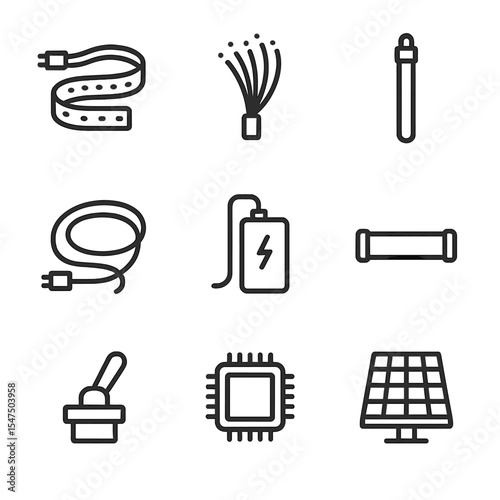 Costume Lighting Icons. Outline icon set of costume lighting effects: LED strip, fiber optic thread, glow stick, EL wire, battery