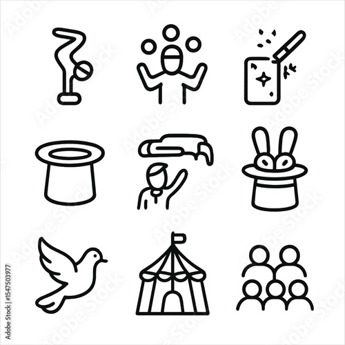 Circus Magic Icons. Outline icon set of circus magic: acrobat, juggling, magic tricks, top hat, levitation, rabbits, dove, circus
