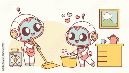 Cute adorable cartoon AI robots doing domestic chores cleaning sweeping washing teamwork automation concept