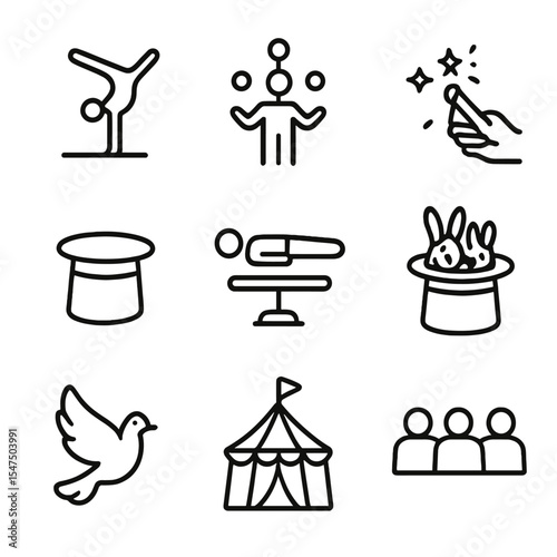 Circus Magic Icons. Outline icon set of circus magic: acrobat, juggling, magic tricks, top hat, levitation, rabbits, dove, circus