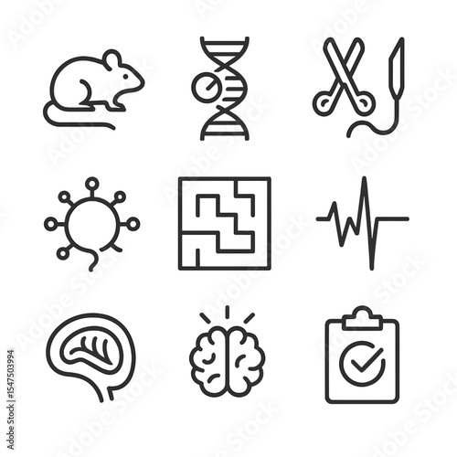 Animal Research Icons. Outline icon set of animal models in genetic brain research: lab mouse silhouette, transgenic marker,