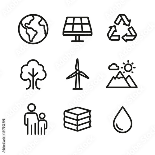 Climate Education Icons. Outline icon set of climate change education: globe, solar panel, recycling, tree, wind turbine, nature,