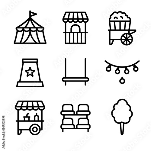 Circus Icon Set. Outline icon set of circus environment: big top tent, ticket booth, popcorn cart, ringmaster’s podium, trapeze