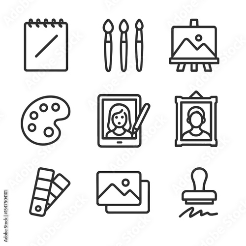 Art Commission Icons. Outline icon set of custom art commissions: sketch pad, paintbrush set, easel canvas, artist palette,