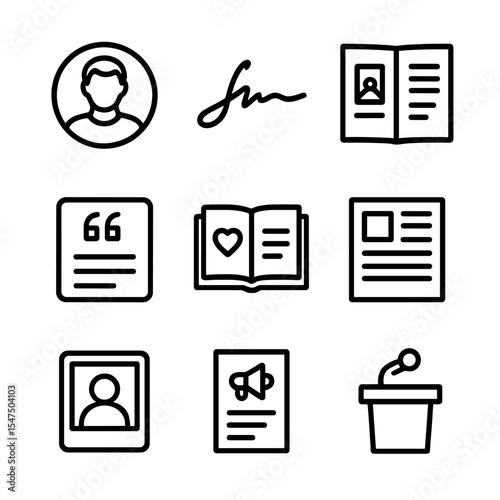 Author Icon Set. Outline icon set of author spotlight shelf: author portrait, signature autograph, biography booklet, quote plaque