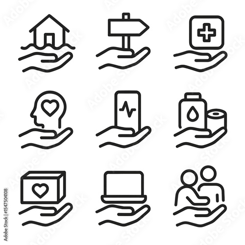 Crisis Aid Icons. Outline icon set of helping hands in crisis: flood control, evacuation route, medical clinic, mental health