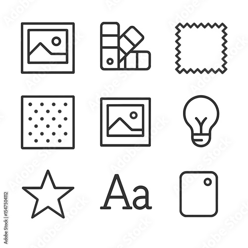 Creative Concepts Icon Set. Outline icon set of creative concepts moodboard: storyboard frame, color swatch, fabric texture,