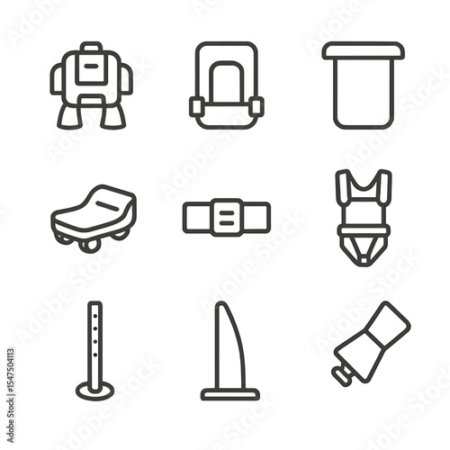 Astronaut Mobility Icon Set. Outline icon set of astronaut mobility aids: jet propulsion unit, foot restraint, handhold bar,
