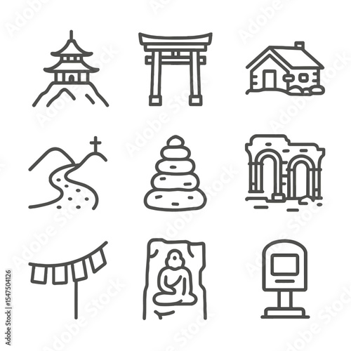 Cultural Sites Icon Set. Outline icon set of cultural and historical sites: mountain temple, shrine gate, shepherd’s hut, pilgrims