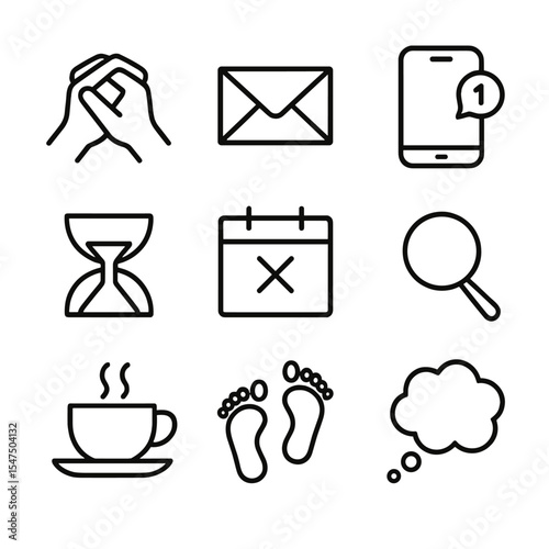 Awaiting News Icons. Outline icon set of awaiting news tension: clasped hands, envelope icon, mobile phone with notification,