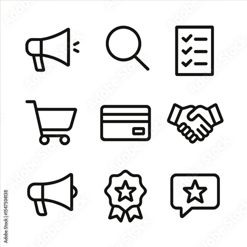 Customer Journey Icons. Outline icon set of customer journey stages: awareness megaphone, interest magnifying glass, consideration