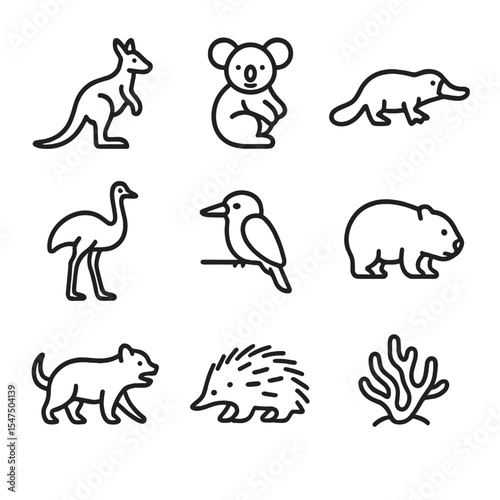 Australian Fauna Icons. Outline icon set of Australian fauna: kangaroo, koala, platypus, emu, kookaburra, wombat, Tasmanian devil,