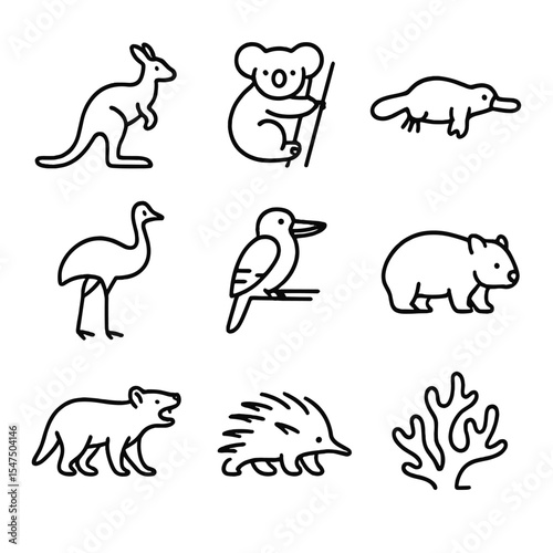 Australian Fauna Icons. Outline icon set of Australian fauna: kangaroo, koala, platypus, emu, kookaburra, wombat, Tasmanian devil,