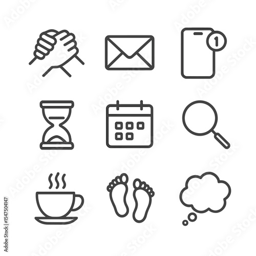 Awaiting News Icons. Outline icon set of awaiting news tension: clasped hands, envelope icon, mobile phone with notification,
