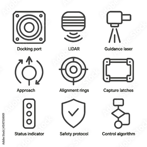 Autonomous Docking Icons. Outline icon set of autonomous docking systems: docking port, sensor lidar, guidance laser, control