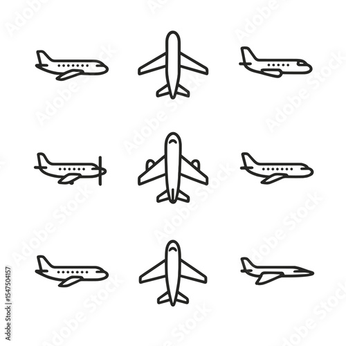 Aviation Icon Set. Outline icon set of commercial airplanes: narrow-body jet, wide-body jet, regional jet, turboprop, jumbo jet,