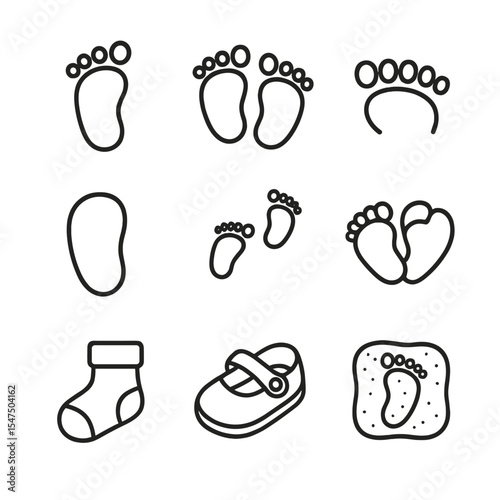 Baby Footprint Icons. Outline icon set of baby's tiny footprints: single footprint, footprint pair, toes close-up, sole outline,