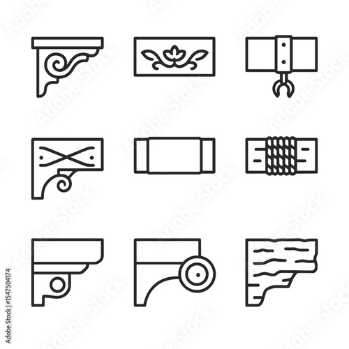 Decorative Beam Icon Set. Outline icon set of decorative beam elements: carved corbel, painted motif, metal strap, wrought iron