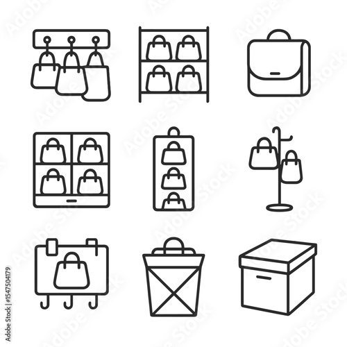 Bag Storage Icons. Outline icon set of bag storage solutions: wall hook rack, shelf stack, fold-and-store pouch, drawer organizer,