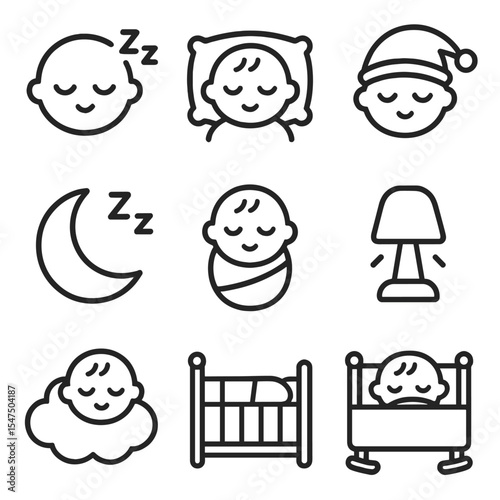 Baby Sleep Icons. Outline icon set of baby sleeping peacefully: closed eyes, Zzz symbol, pillow, blanket, sleeping cap, crescent