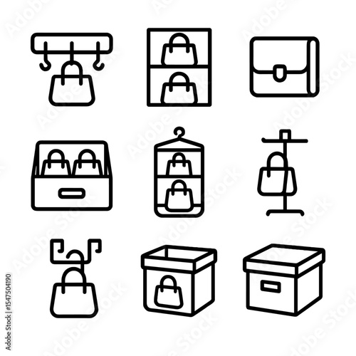 Bag Storage Icons. Outline icon set of bag storage solutions: wall hook rack, shelf stack, fold-and-store pouch, drawer organizer,