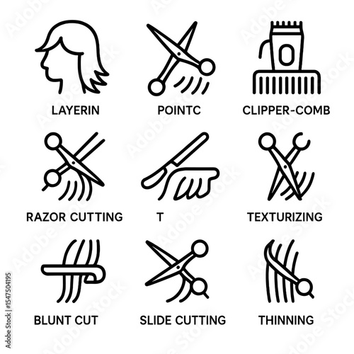 Cutting Techniques Icons. Outline icon set of cutting techniques: layering, point cutting, clipper over comb, scissor over comb,
