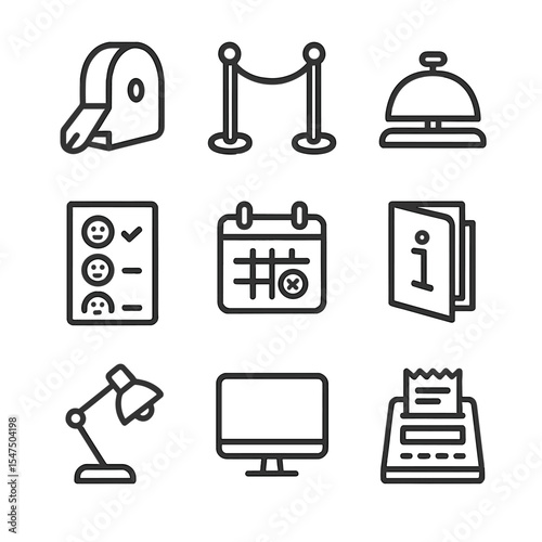 Customer Service Tools. Outline icon set of customer service desk tools: ticket dispenser, queue barrier, service bell, feedback