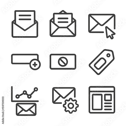 Email Marketing Icons. Outline icon set of email marketing campaigns: newsletter envelope, open email, click-through cursor,