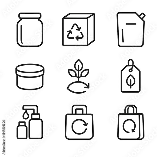 Eco-Friendly Icon Set. Outline icon set of natural facial oils: oil flask, droplet splash, almond nut, avocado slice, rosehip pod,