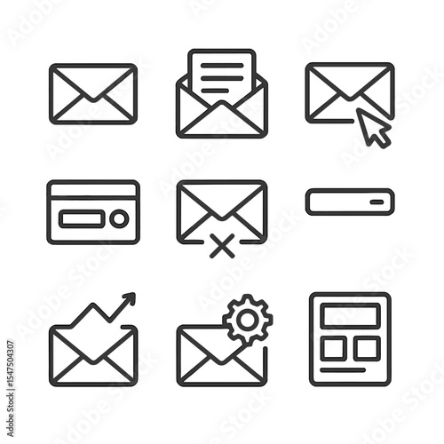 Email Marketing Icons. Outline icon set of email marketing campaigns: newsletter envelope, open email, click-through cursor,