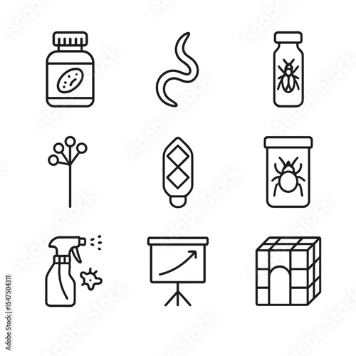 Biocontrol Agents Icons. Outline icon set of biological control agents: Bacillus thuringiensis bottle, entomopathogenic nematode,