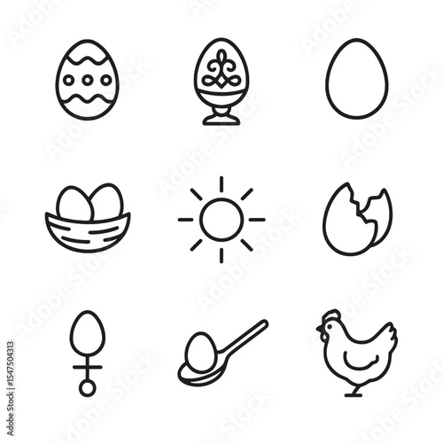 Egg Symbolism Icons. Outline icon set of egg symbolism and culture: Easter egg, Fabergé egg, golden egg, nest, yolk sun, cracked