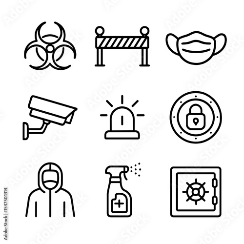 Biosecurity Icon Set. Outline icon set of biosecurity concerns: biohazard symbol, quarantine barrier, mask icon, surveillance