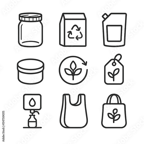 Eco-Friendly Icon Set. Outline icon set of eco-friendly packaging: glass jar, bamboo lid, recycled paper box, refill pouch, metal